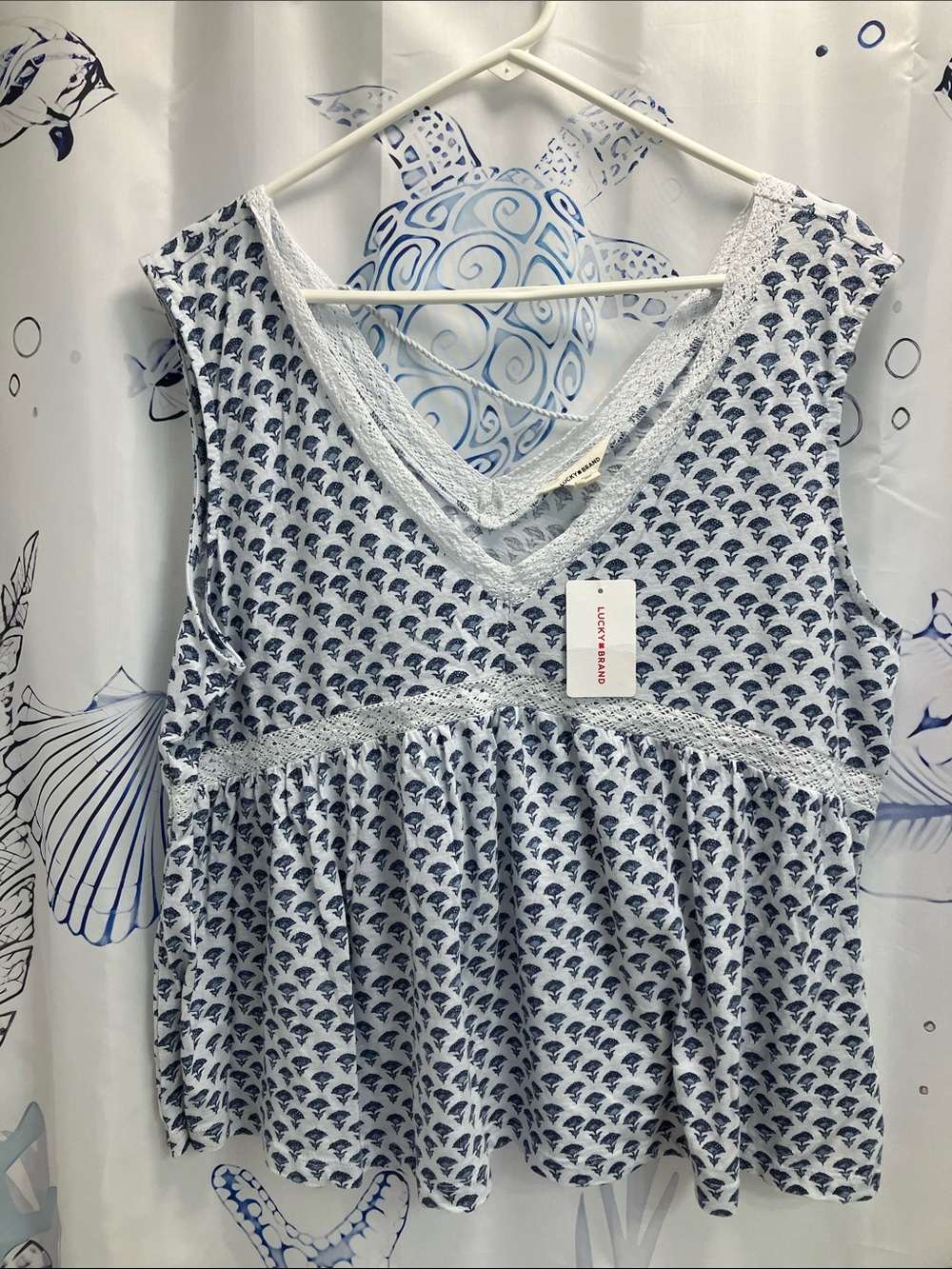 Lucky Brand White and Navy Printed Lace-Trim V-Neck Peplum Camisole